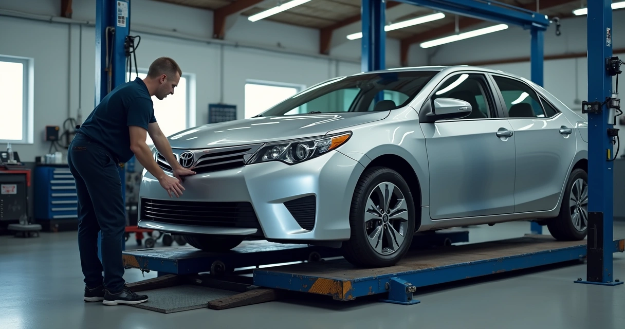 Mecânico em oficina ajustando direção de carro sobre plataforma de alinhamento