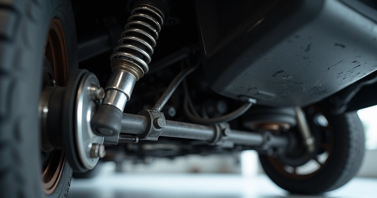 Detalhe de um amortecedor automotivo em funcionamento na suspensão