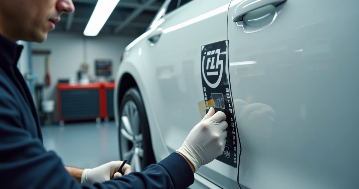 Técnico aplicando adesivo em porta de carro