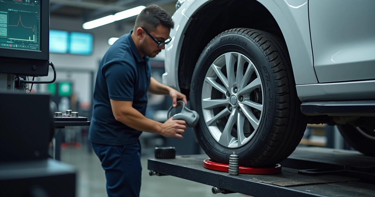 Roda de carro em máquina de balanceamento com pesos de chumbo