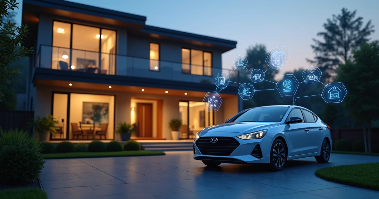Hyundai estacionado em frente a casa inteligente com luzes acesas