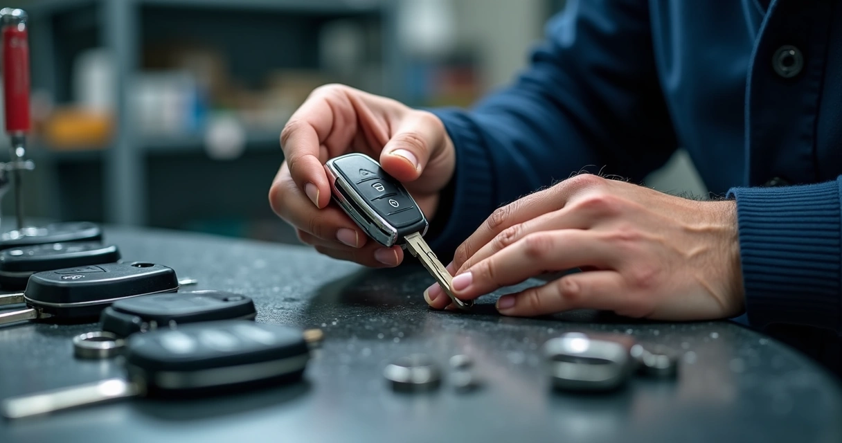 Chaveiro automotivo examinando chave de carro 