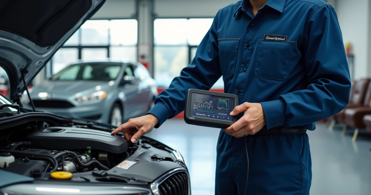 Mecânico fazendo diagnóstico em carro moderno com equipamento eletrônico