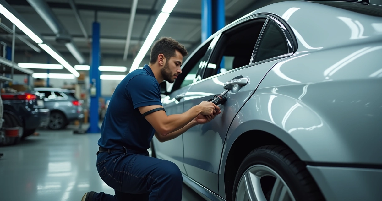 Trabalhador de funilaria ajustando carro em oficina automotiva