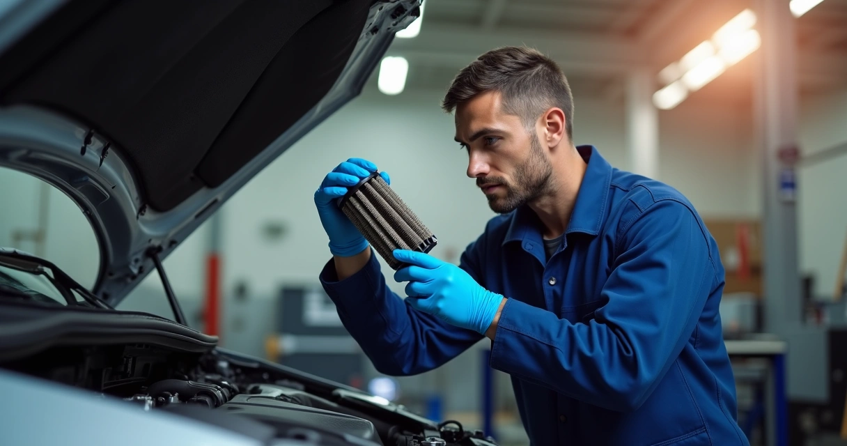 Mecânico inspecionando filtro de ar automotivo