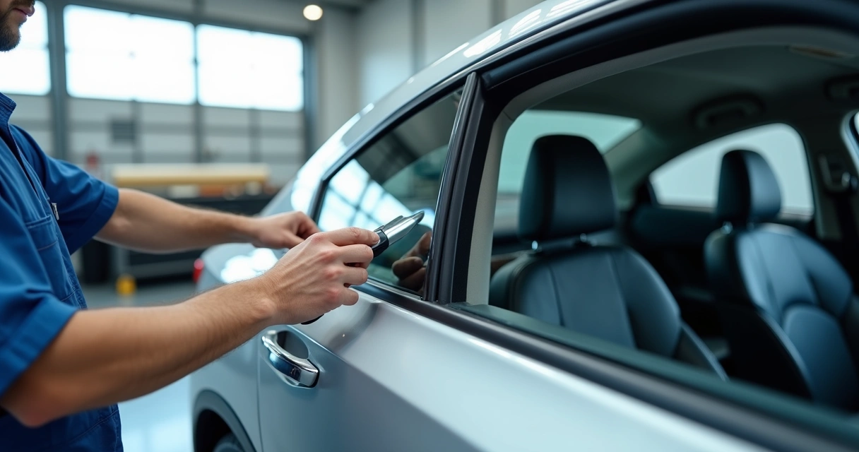 Profissional aplicando película automotiva no vidro lateral de um carro 
