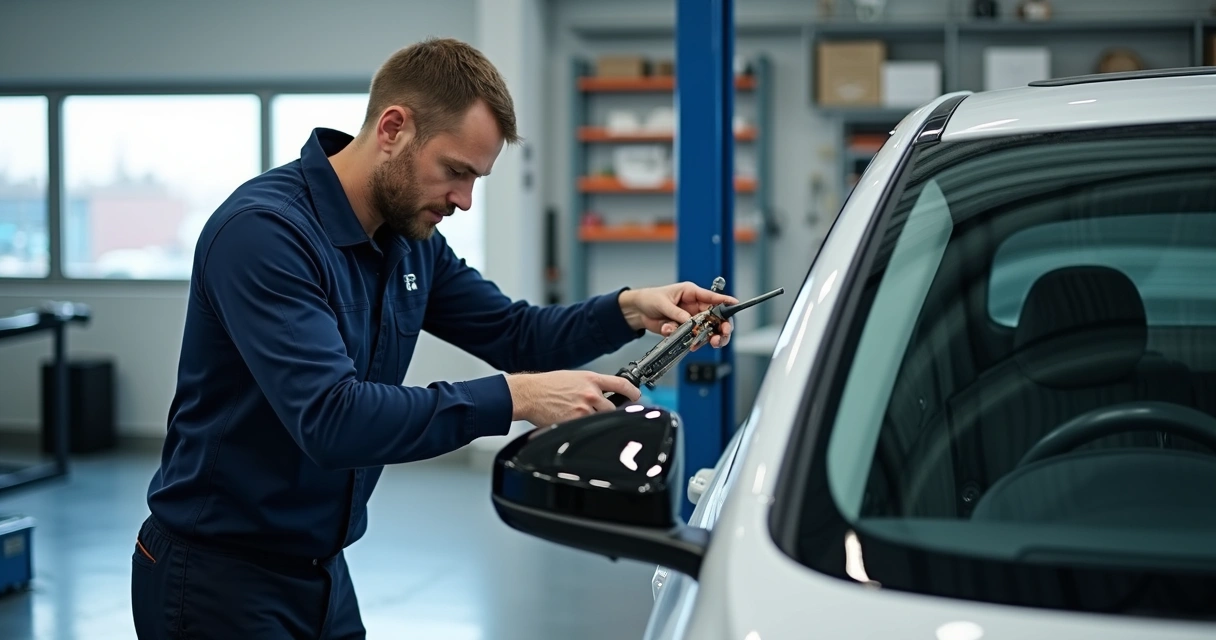 Técnico instalando vidro automotivo em oficina com ferramentas 