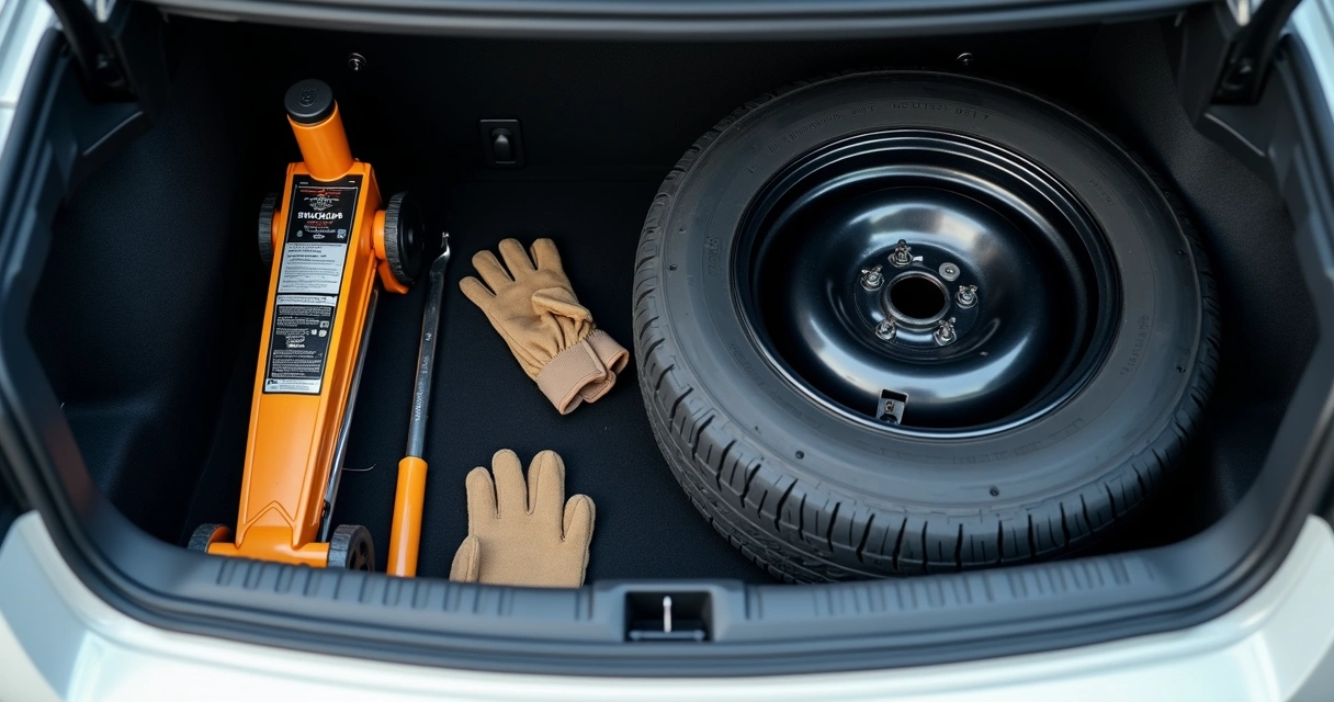 Kit de ferramentas para troca de pneu de carro: macaco, chave de roda, luvas e estepe no porta-malas