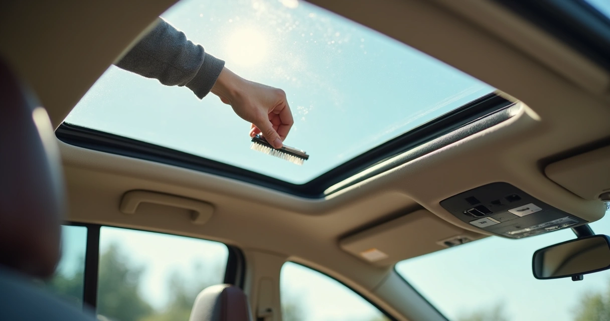 Pessoa limpando canaletas do teto solar dentro de um carro moderno
