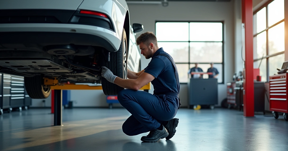 Mecânico instalando kit de embreagem em oficina automotiva