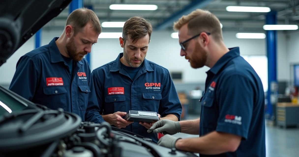 Equipe mecanica analisando motor do carro 