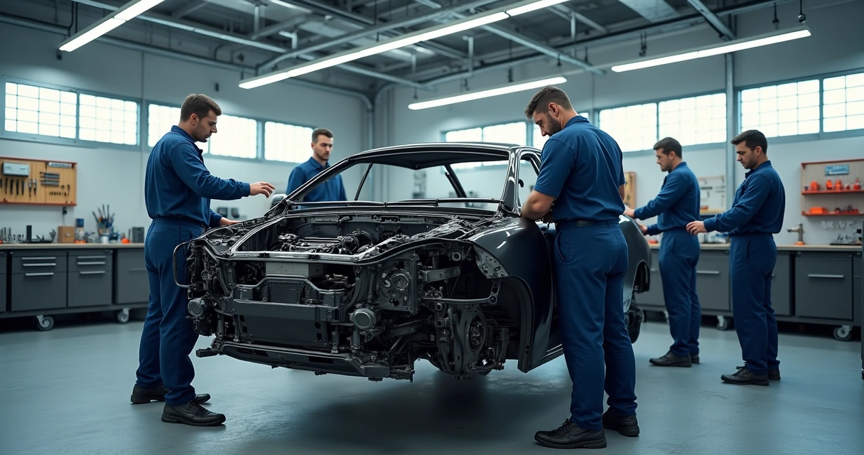 Equipe de mecânicos trabalhando no reparo estrutural do monobloco de um carro