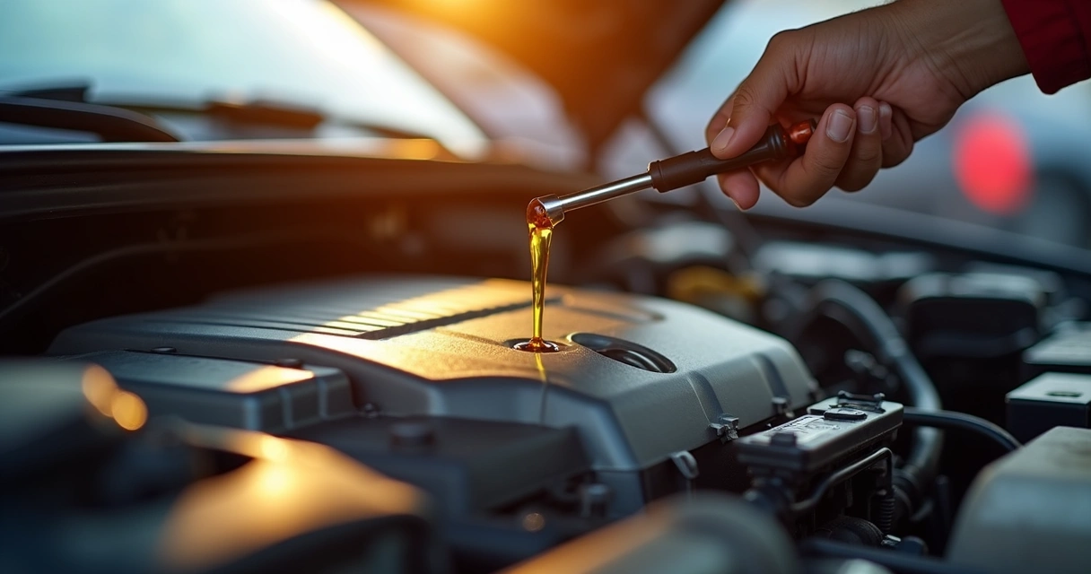 Foco no motor do carro durante verificação de óleo automotivo