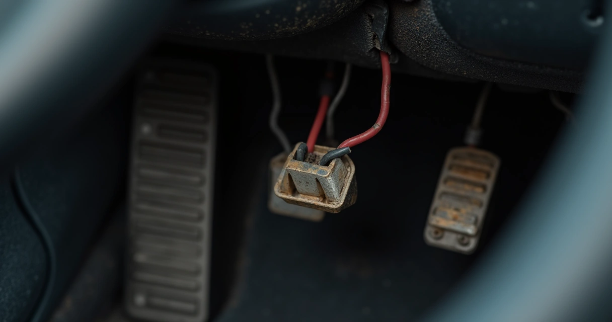 Interruptor do pedal de freio oxidado e desalinhado na área interna do carro 