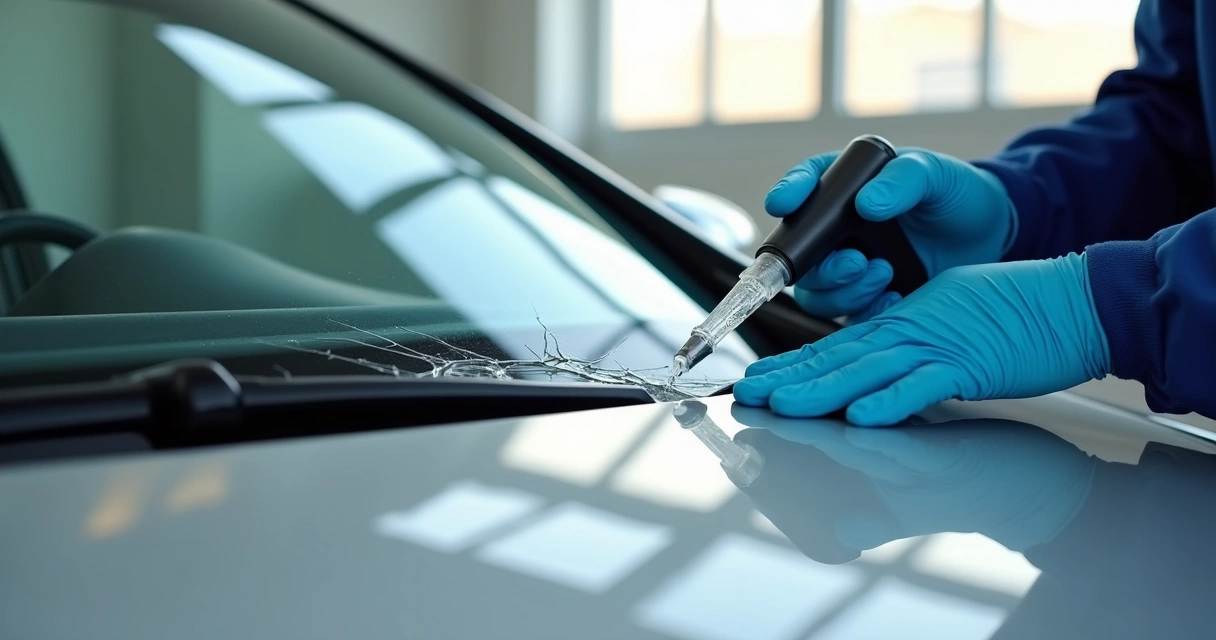 Técnico aplicando resina em trinca de para-brisa com ferramenta de sucção