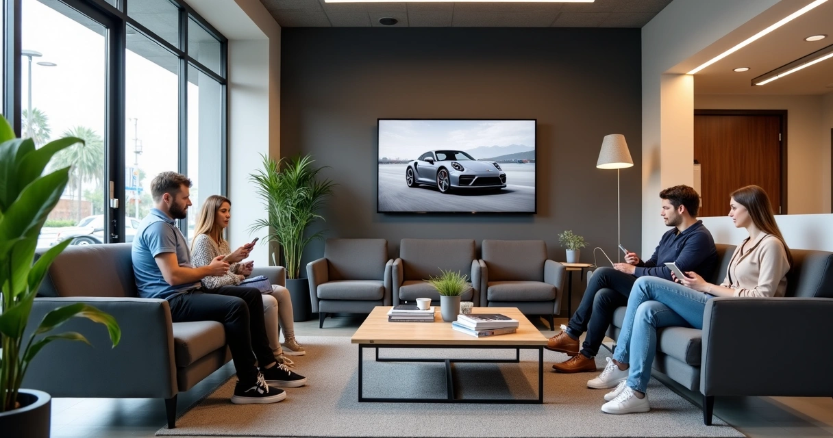 Sala de espera confortável de oficina automotiva com clientes usando wi-fi