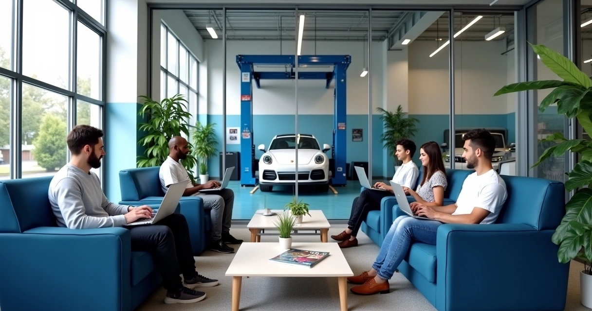 Sala de espera confortável com clientes aguardando em poltronas e Wi-Fi disponível