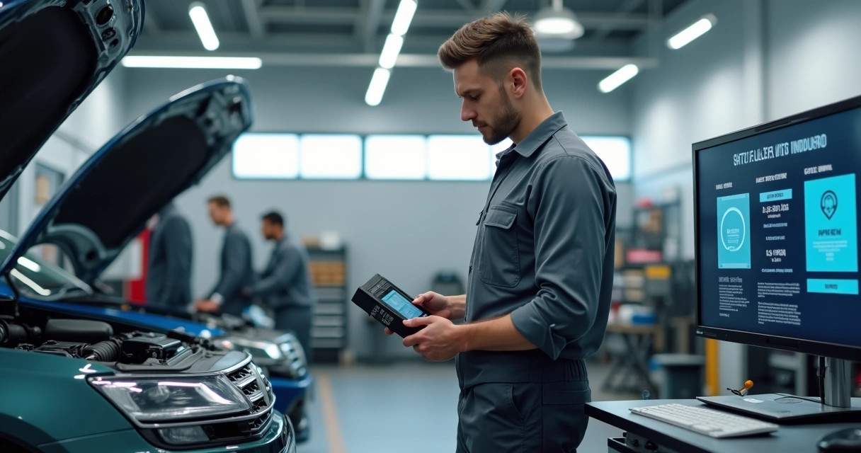 Técnico automotivo analisando o scanner para regeneração forçada