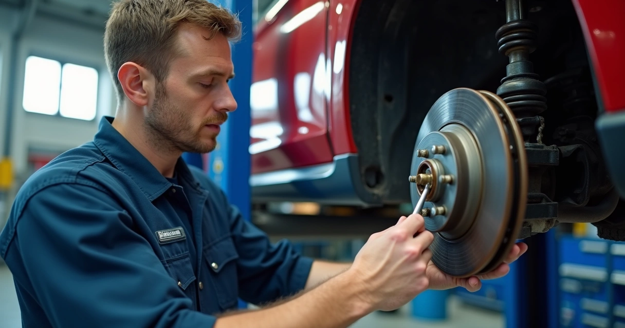 Técnico examinando o sistema de freio de um carro com ferramentas