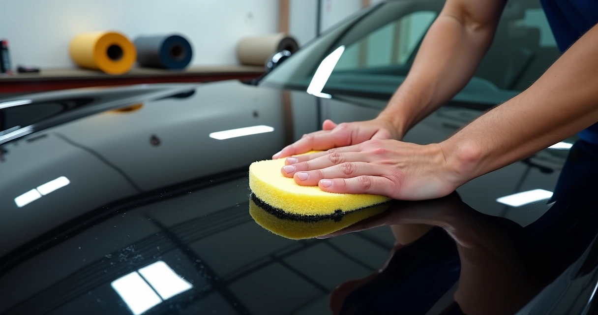Profissional aplicando vitrificação na pintura do carro.