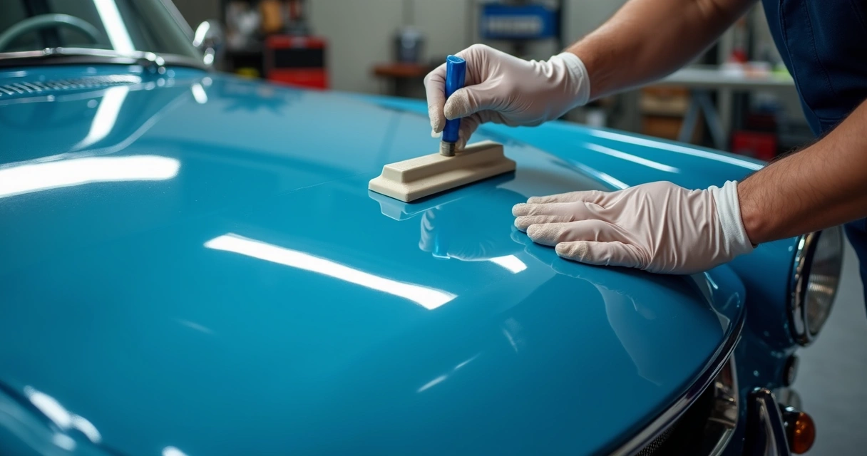 Profissional aplicando vitrificação em pintura original de carro clássico azul